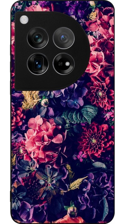 Coque OnePlus 12 - Silicone rigide noir Flowers Dark