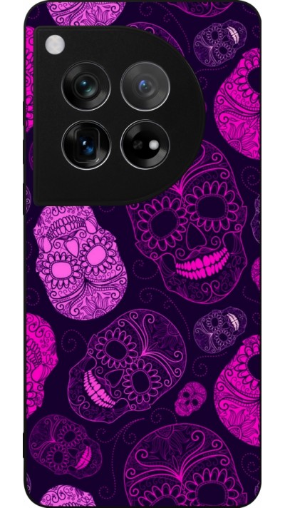 Coque OnePlus 12 - Silicone rigide noir Halloween 2023 pink skulls