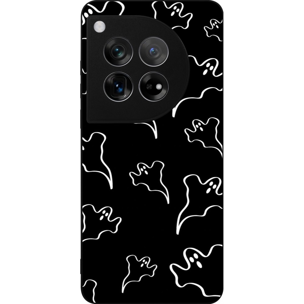 Coque OnePlus 12 - Silicone rigide noir Halloween 2024 black and white ghosts