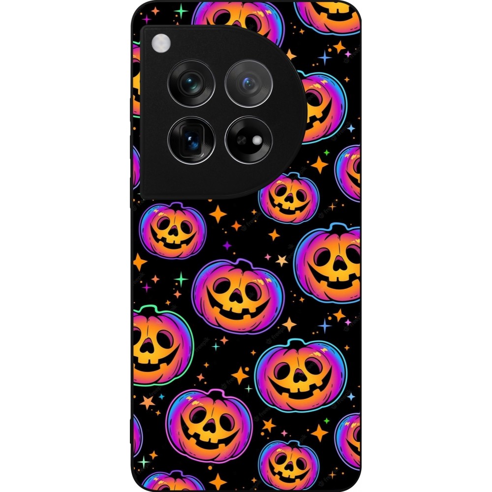 Coque OnePlus 12 - Silicone rigide noir Halloween 2024 rainbow pumpkins