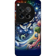 Coque OnePlus 12 - Silicone rigide noir hibou volant floral