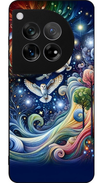 Coque OnePlus 12 - Silicone rigide noir hibou volant floral