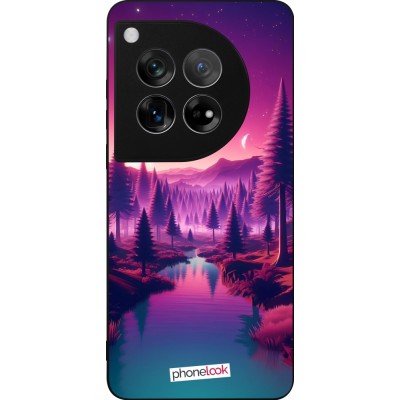 Coque OnePlus 12 - Silicone rigide noir Paysage Violet-Rose