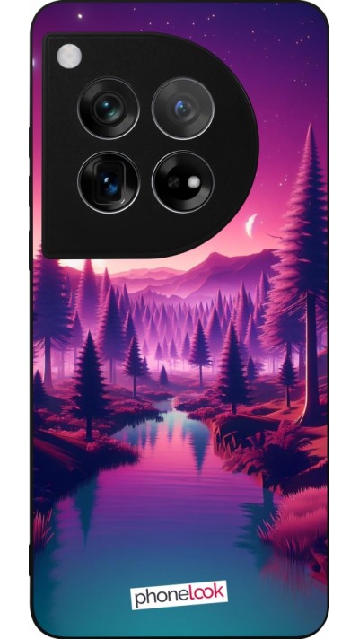 Coque OnePlus 12 - Silicone rigide noir Paysage Violet-Rose