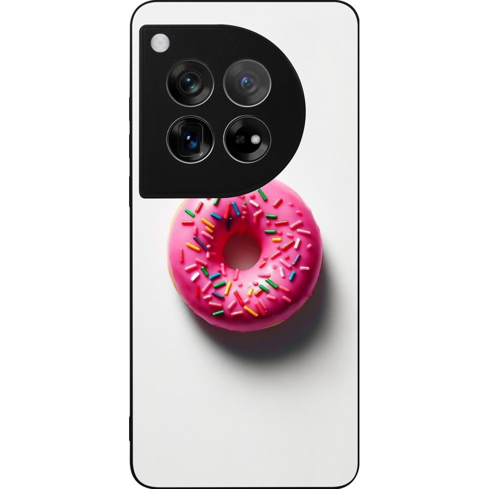 Coque OnePlus 12 - Silicone rigide noir Weißer Hintergrund, pinker Donut