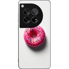 Coque OnePlus 12 - Silicone rigide noir Weißer Hintergrund, pinker Donut