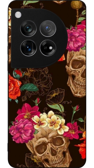 Coque OnePlus 12 - Silicone rigide noir Skulls and flowers