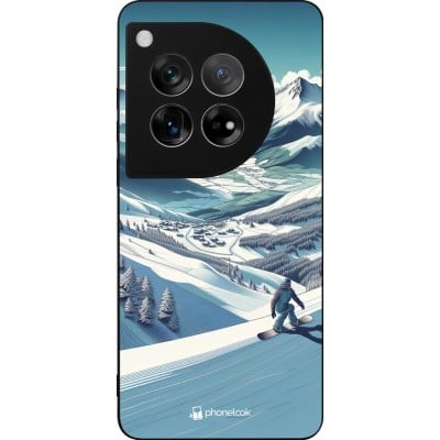 Coque OnePlus 12 - Silicone rigide noir Snowboarder Montagne