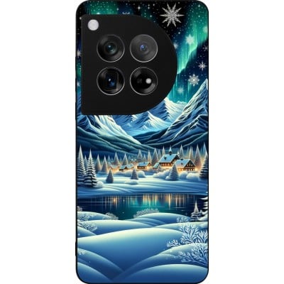 Coque OnePlus 12 - Silicone rigide noir Snowy Mountain Village Lake night