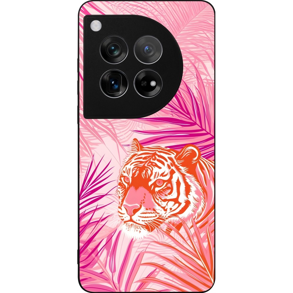 Coque OnePlus 12 - Silicone rigide noir Tigre palmiers roses