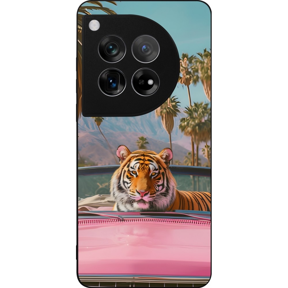 Coque OnePlus 12 - Silicone rigide noir Tigre voiture rose