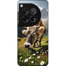 Coque OnePlus 12 - Silicone rigide noir Vache montagne Valais