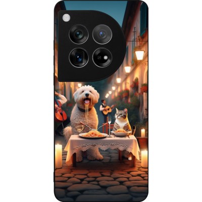 Coque OnePlus 12 - Silicone rigide noir Valentine 2024 Dog & Cat Candlelight