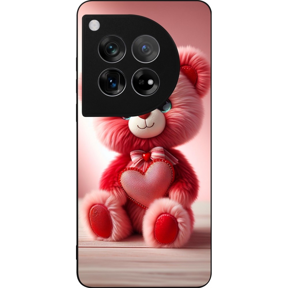 Coque OnePlus 12 - Silicone rigide noir Valentine 2024 Ourson rose