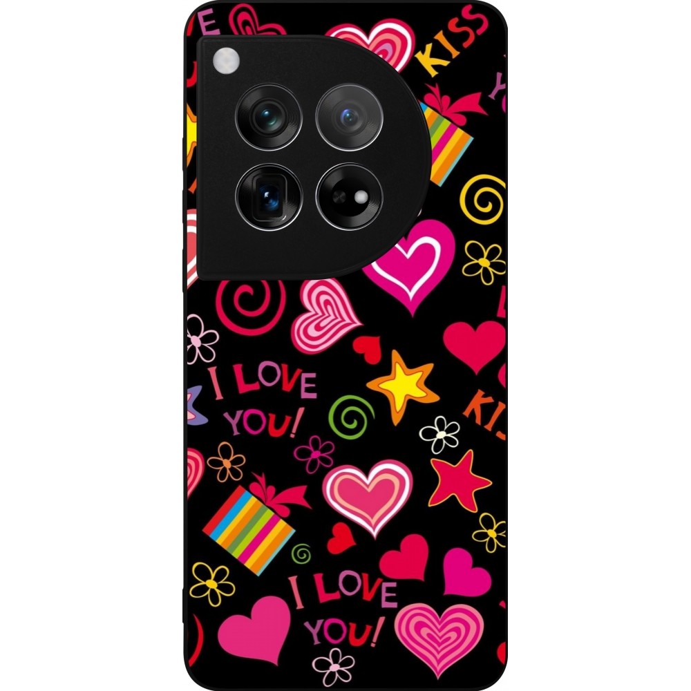 Coque OnePlus 12 - Silicone rigide noir Valentine 2023 love symbols