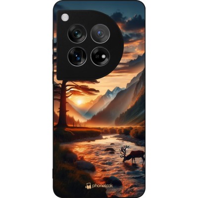 Coque OnePlus 12 - Silicone rigide noir Valley Sunset Deer Tree