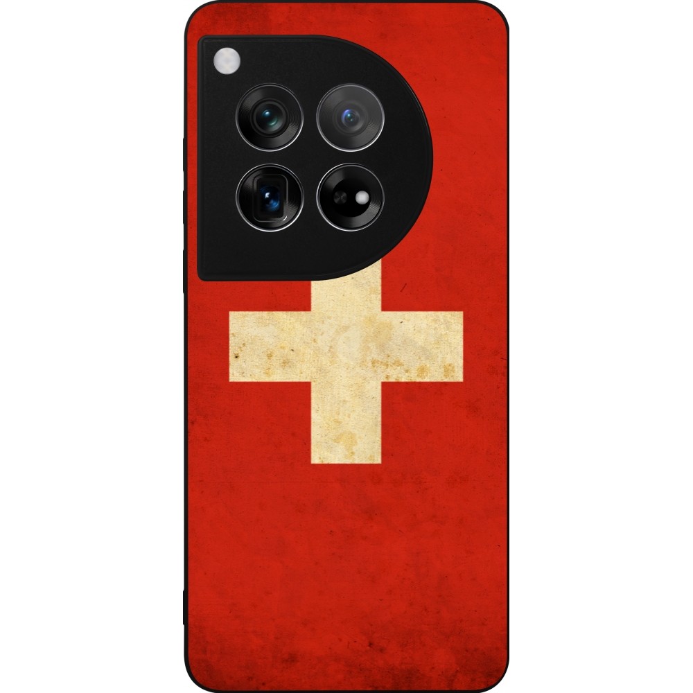 Coque OnePlus 12 - Silicone rigide noir Vintage Flag SWISS