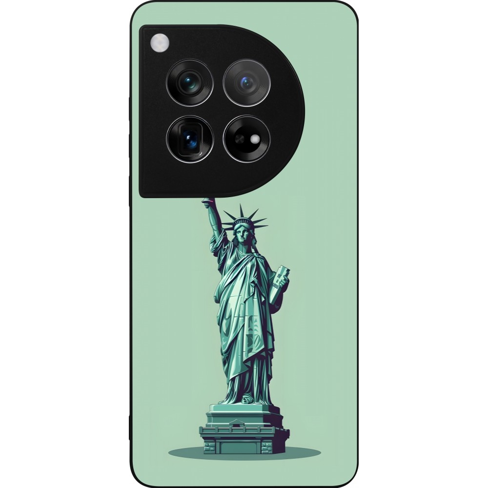 Coque OnePlus 12 - Silicone rigide noir Wine Statue de la liberté avec un verre de vin