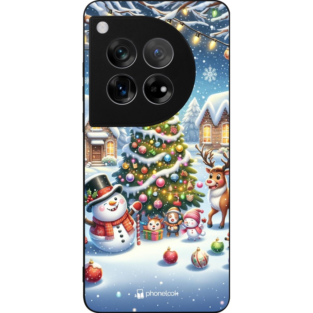 Coque OnePlus 12 - Silicone rigide noir Noël 2023 bonhomme de neige et sapin