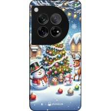 Coque OnePlus 12 - Silicone rigide noir Noël 2023 bonhomme de neige et sapin