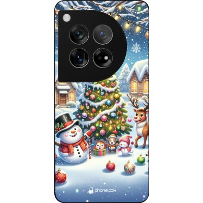 Coque OnePlus 12 - Silicone rigide noir Noël 2023 bonhomme de neige et sapin