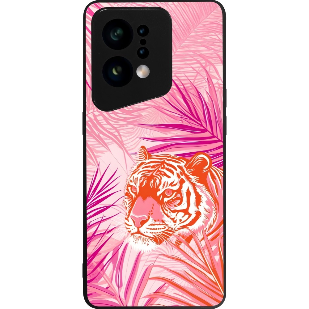 Coque OPPO Find X5 - Silicone rigide noir Tigre palmiers roses