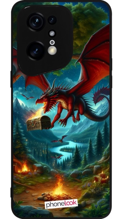 Coque OPPO Find X5 Pro - Silicone rigide noir Dragon Volant Forêt Trésor