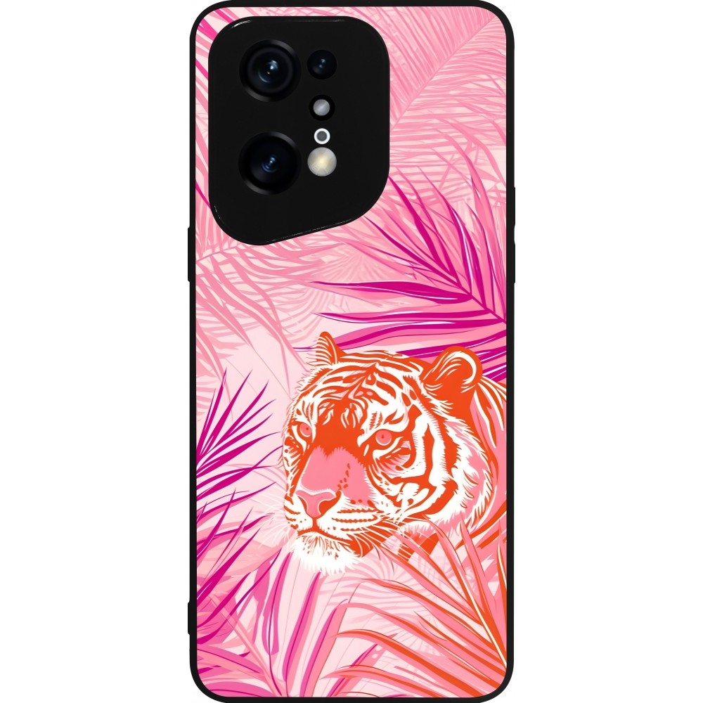 Coque OPPO Find X5 Pro - Silicone rigide noir Tigre palmiers roses