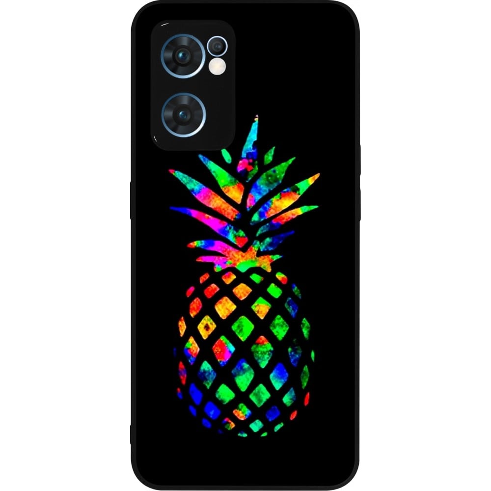 Coque OPPO Reno7 5G - Silicone rigide noir Ananas Multi-colors