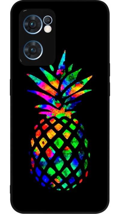 Coque OPPO Reno7 5G - Silicone rigide noir Ananas Multi-colors