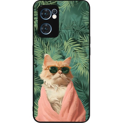 Coque OPPO Reno7 5G - Silicone rigide noir Cat Summer Palms