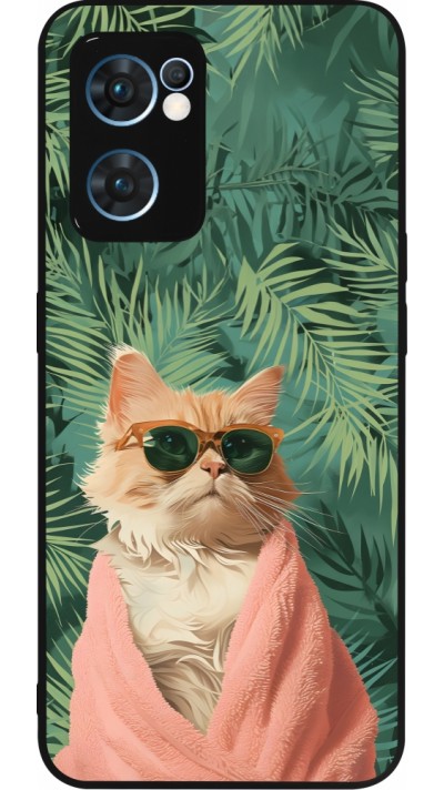 Coque OPPO Reno7 5G - Silicone rigide noir Cat Summer Palms