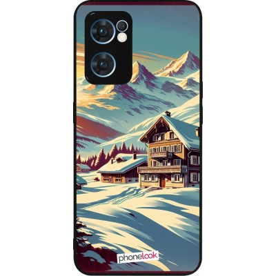 Coque OPPO Reno7 5G - Silicone rigide noir Chalet montagne enneigée