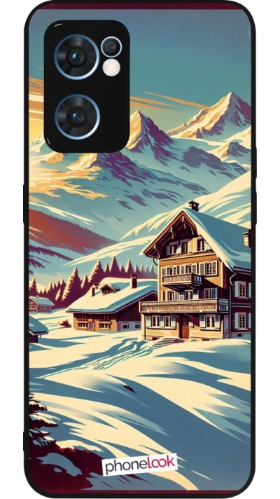 Coque OPPO Reno7 5G - Silicone rigide noir Chalet montagne enneigée