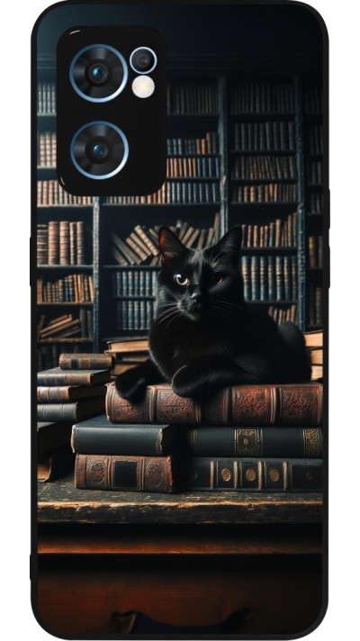 Coque OPPO Reno7 5G - Silicone rigide noir Chat livres sombres