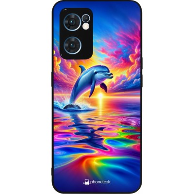 Coque OPPO Reno7 5G - Silicone rigide noir Dauphin arc-en-ciel heureux