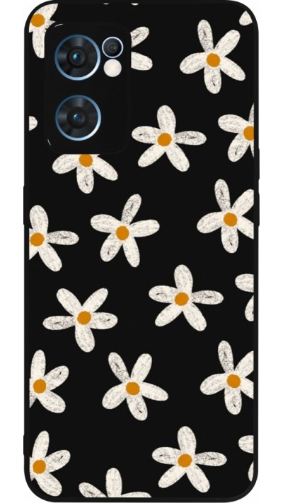 Coque OPPO Reno7 5G - Silicone rigide noir Easter 2024 white on black flower