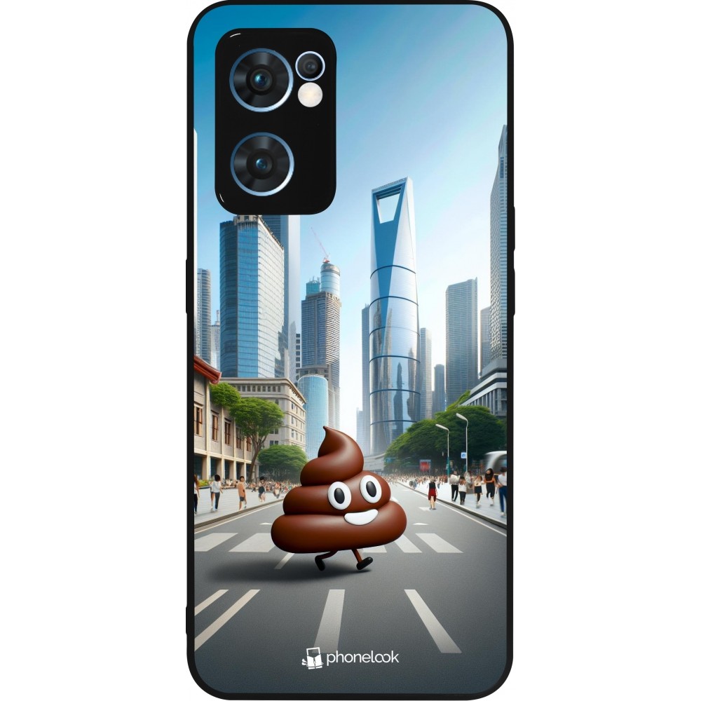 Coque OPPO Reno7 5G - Silicone rigide noir Emoji Caca walk