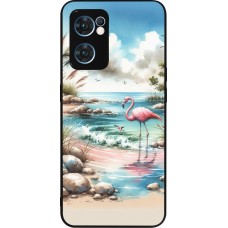 Coque OPPO Reno7 5G - Silicone rigide noir Flamant rose aquarelle