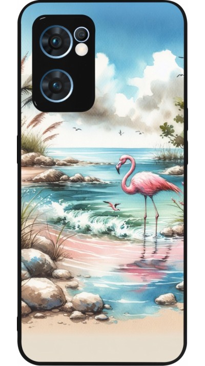 Coque OPPO Reno7 5G - Silicone rigide noir Flamant rose aquarelle