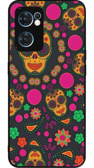 Coque OPPO Reno7 5G - Silicone rigide noir Halloween 22 colorful mexican skulls