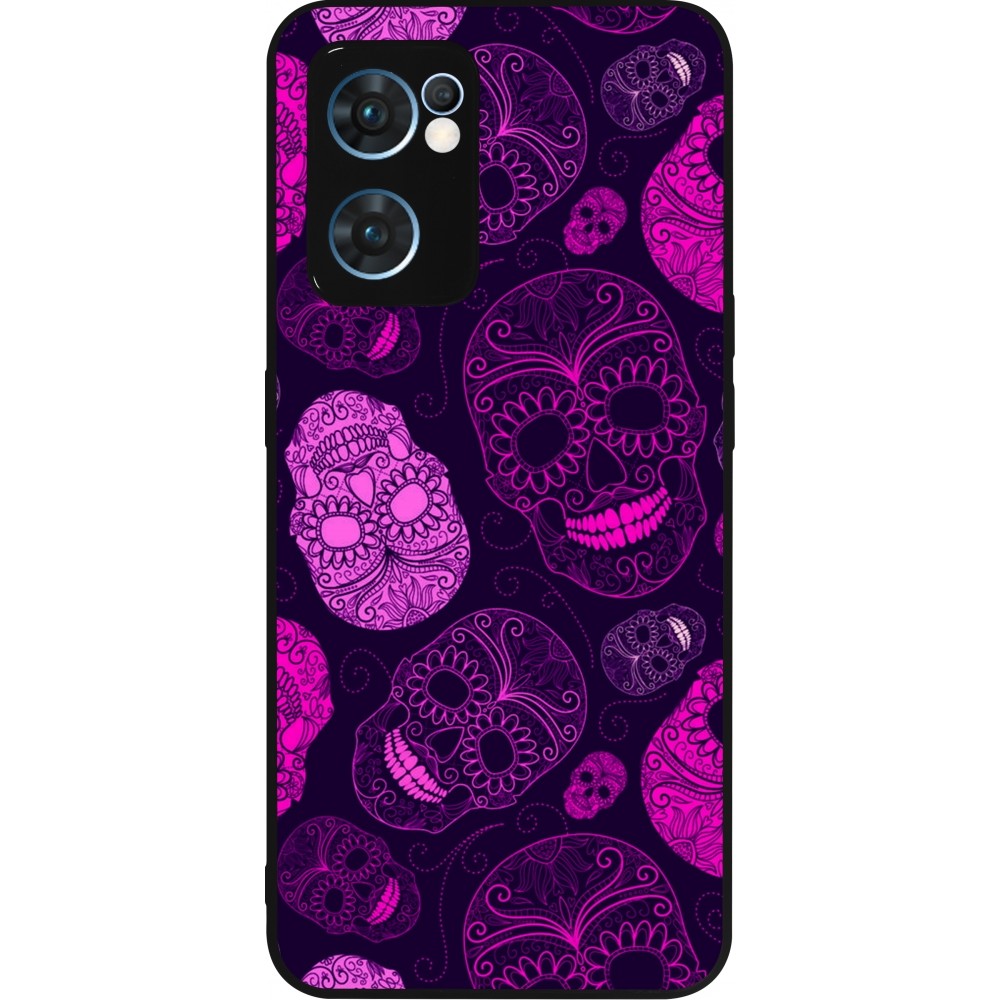 Coque OPPO Reno7 5G - Silicone rigide noir Halloween 2023 pink skulls