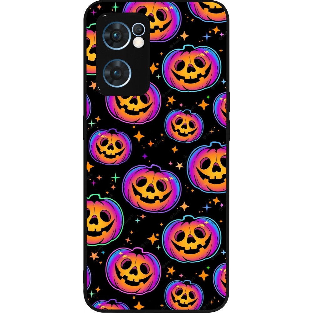 Coque OPPO Reno7 5G - Silicone rigide noir Halloween 2024 rainbow pumpkins