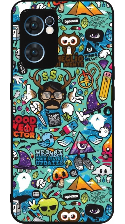 Coque OPPO Reno7 5G - Silicone rigide noir Mixed Cartoons Turquoise