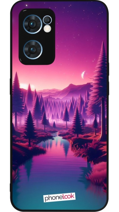 Coque OPPO Reno7 5G - Silicone rigide noir Paysage Violet-Rose