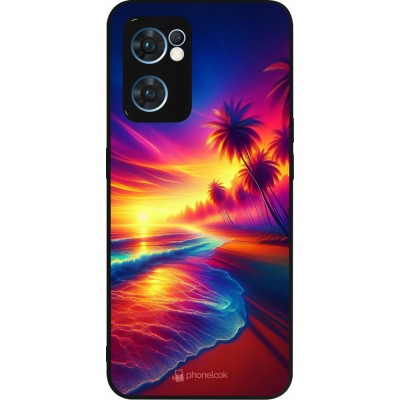 Coque OPPO Reno7 5G - Silicone rigide noir Plage coucher soleil flashy