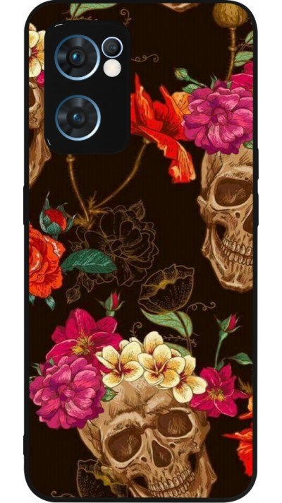 Coque OPPO Reno7 5G - Silicone rigide noir Skulls and flowers