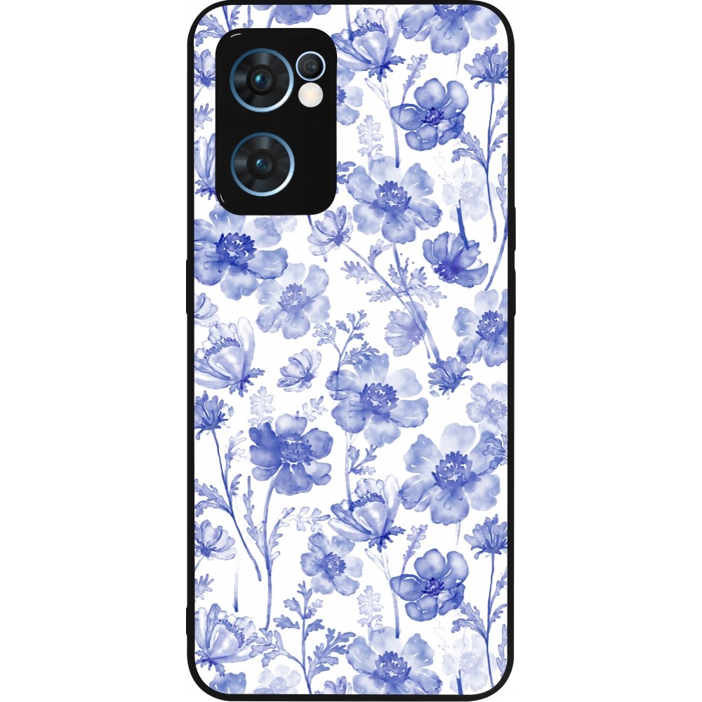 Coque OPPO Reno7 5G - Silicone rigide noir Spring 23 watercolor blue flowers