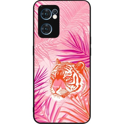 Coque OPPO Reno7 5G - Silicone rigide noir Tigre palmiers roses