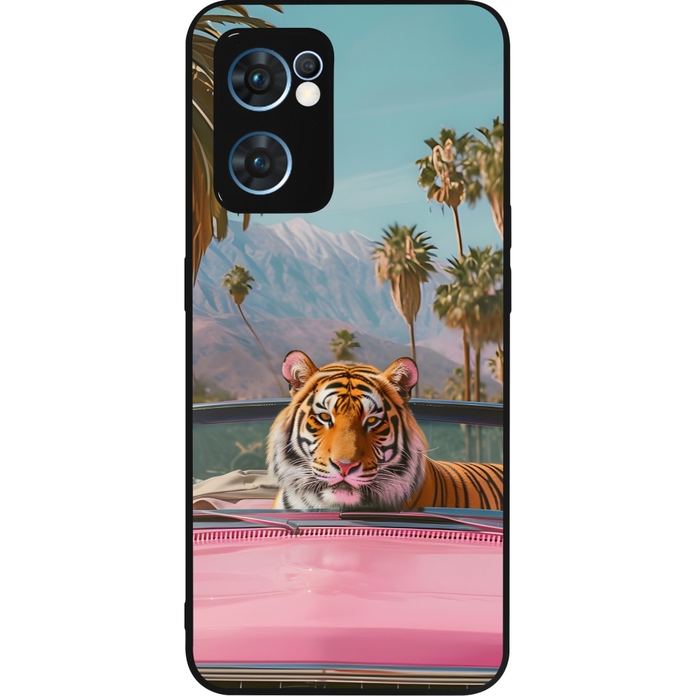 Coque OPPO Reno7 5G - Silicone rigide noir Tigre voiture rose